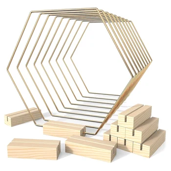 10 Упаковок Центрального кольца с 10 деревянными держателями для карточек 9,1-дюймового шестиугольного металла для украшения свадебного стола