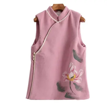 Расписанный вручную шерстяной жилет Lotus розового цвета китайской винтажной серии