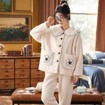 Женская Пижама, Теплая Фланелевая ночная рубашка, Пижама 2022, Осенне-зимний Белый Пижамный комплект с цветочной вышивкой