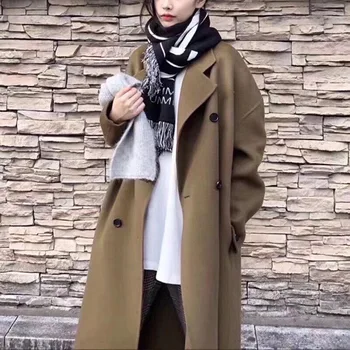 Осенне-зимнее шерстяное пальто 2023, Женское двустороннее шерстяное пальто, однотонное длинное двубортное Свободное женское кашемировое пальто