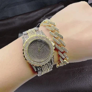 Женские часы Iced Out, Роскошные кварцевые наручные часы с браслетом Micropave CZ, хип-хоп часы из нержавеющей стали для женщин, Мужские ювелирные изделия