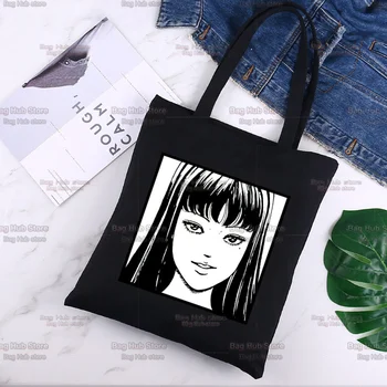 Junji Ito Милая мультяшная сумка, черная холщовая сумка, сумка для покупок в стиле Харадзюку, Модные повседневные летние сумки на плечо