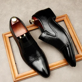 Итальянская мужская официальная обувь на плоской подошве, Модный Полый стиль, Натуральная кожа, Острый носок, Черные Свадебные Повседневные деловые туфли, Лоферы, Мужские