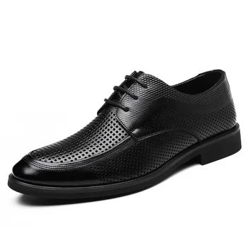 Летние Дышащие мужские модельные туфли с вырезами, Повседневная деловая обувь из натуральной кожи для мужчин, черно-коричневая Дизайнерская обувь для мужчин