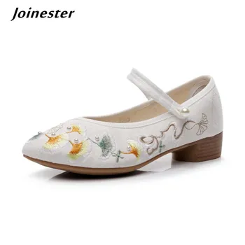 Женские модельные туфли Mary Jane с острым носком, повседневные туфли-лодочки из хлопчатобумажной ткани с этнической вышивкой, женская весенняя обувь для танцев в стиле ретро