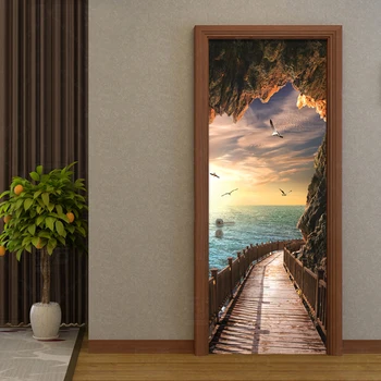 3D Обои Красивый Приморский Пейзаж Фото Настенная Роспись на Двери Гостиная Спальня Креативная Наклейка на Дверь Своими Руками ПВХ Виниловые Обои