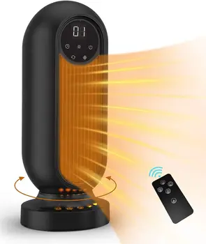 Нагреватель, Осциллирующий Керамический Нагреватель Мощностью 1500 Вт, Портативный Нагреватель Быстрого Нагрева со светодиодной подсветкой Пламени, Таймер на 12 часов, Дистанционное управление &