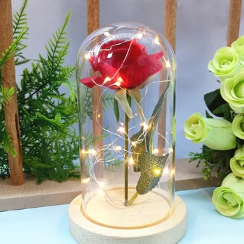 Искусственная лампа из розового стекла с покрытием Real Touch, Цветок с золотым листом, Вечный цветочный светильник, Рождественская вечеринка, подарок на День Святого Валентина, Подарок из Роз