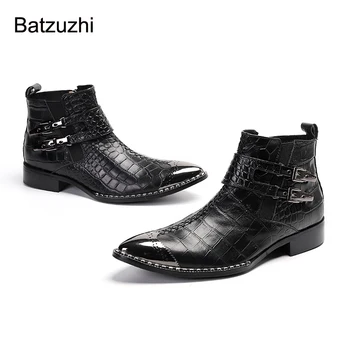 Batzuzhi/ черные мужские ботинки из натуральной кожи в корейском стиле; модные мужские ботинки; Обувь с острым металлическим носком; короткие ботильоны в деловом стиле, для вечеринок
