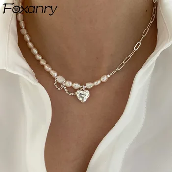 Ожерелье со штампом FOXANRY для женщин, модная элегантная асимметричная цепочка, жемчуг, гладкое сердце любви, ювелирные изделия для невесты, подарки для влюбленных