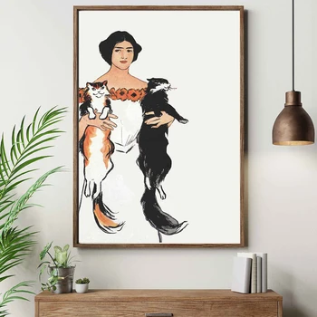 Забавная Картина на холсте с Женским портретом и кошками, Плакаты и принты, Антикварные настенные картины для домашнего декора в гостиной, спальне