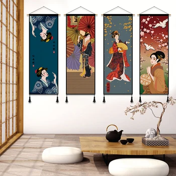 Японский Стиль Ukiyoe Прокрутка Настенные Картины Гостиная Спальня Ретро Декор Эстетическое Украшение Гобелен Настенное Искусство Аниме Плакат
