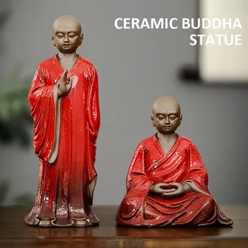 Креативные керамические Статуэтки Будды Ручной работы, Фигурки молодых монахов, Статуи для медитации, Домашний Офис, Изящные керамические поделки, украшения