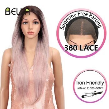 Bella 360 Кружевной фронтальный парик Синтетический парик Розовых волос Прямой кружевной Фронтальный 28-дюймовый термостойкий парик со свободной частью Для чернокожих женщин