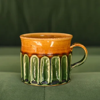 Грубая керамическая ткань ручной работы, импортированная из Японии, зеленый темно-синий, карамельный цвет, открытая кофейная чашка с резьбой в стиле ретро, фирменная чашка
