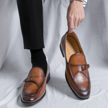 Новые Мужские лоферы без застежки с круглым носком, однотонная весенне-осенняя официальная обувь, мужская деловая обувь для мужчин с бесплатной доставкой