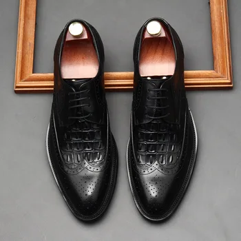Итальянские Классические Мужские Модельные туфли-Оксфорды Из натуральной Кожи с Перфорацией Типа 