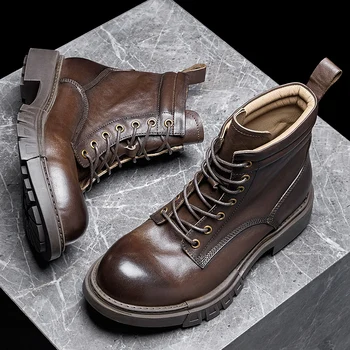 Крутые ковбойские ботинки в западном стиле Осень-зима, ботильоны в британском ретро стиле, мягкая натуральная кожа, толстая подошва, мужская мотоциклетная боевая обувь на шнуровке